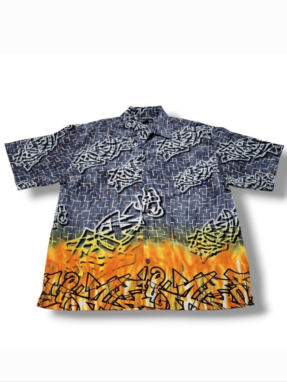 Y2K Vintage No Boundaries Shirt Size Large L Graffiti Flame Allover Print Shirt